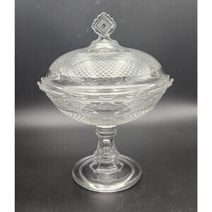 1870s Central Glass Co #439 Diamond Point Footed Glass Compote Comport With Lid